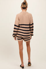 Beige Striped Button Up Collared Maternity Sweater Romper