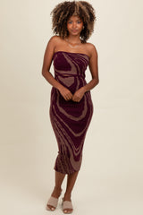 Purple Printed Strapless Cutout Fitted Maxi Dress