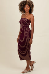 Purple Printed Strapless Cutout Fitted Maxi Dress