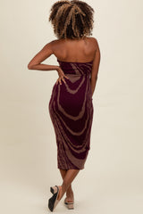 Purple Printed Strapless Cutout Fitted Maxi Dress