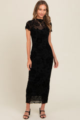 Black Floral Mesh Overlay Fitted Maternity Maxi Dress