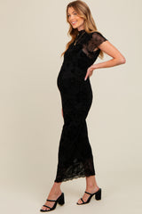 Black Floral Mesh Overlay Fitted Maternity Maxi Dress