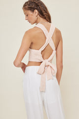 Apricot Multi Cross Back Ribbon Tied Backless Sweater Tank Top