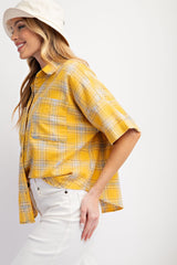 Sunflower Mineral Washed Button Down Plaid Top