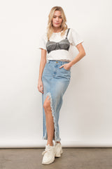 Light Wash Mid Rise Frayed Edge Denim Skirt