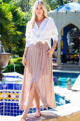 Mocha Smocked Drawstring Maxi Skirt