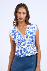 Blue Navy Floral Plunging V-Neck Open Back Lace Trim Crop Top