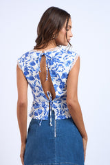 Blue Navy Floral Plunging V-Neck Open Back Lace Trim Crop Top