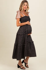 Black Floral Print Contrast Shoulder Tie Tiered Maternity Midi Dress