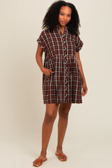 Black Plaid Rolled Cuff Sleeve Button Down Maternity Dress