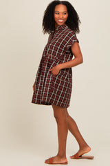 Black Plaid Rolled Cuff Sleeve Button Down Dress