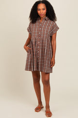 Mocha Plaid Rolled Cuff Sleeve Button Down Maternity Dress