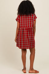 Red Plaid Rolled Cuff Sleeve Button Down Dress