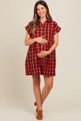 Red Plaid Rolled Cuff Sleeve Button Down Maternity Dress