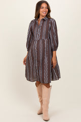 Brown Floral Striped Button Down Maternity Midi Dress