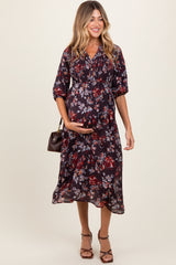 Brown Floral Smocked Button Down Maternity Midi Dress