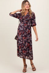 Brown Floral Smocked Button Down Maternity Midi Dress