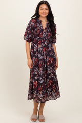 Brown Floral Smocked Button Down Midi Dress