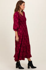 Burgundy Floral Smocked V-Neck Maxi Dress