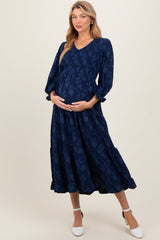 Navy Floral Smocked V-Neck Maternity Maxi Dress