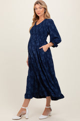 Navy Floral Smocked V-Neck Maternity Maxi Dress