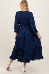 Navy Floral Smocked V-Neck Maternity Maxi Dress