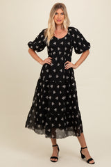 Black Floral Puff Sleeve Maternity Midi Dress