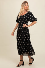 Black Floral Puff Sleeve Midi Dress