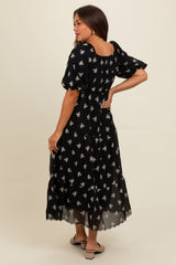 Black Floral Puff Sleeve Maternity Midi Dress