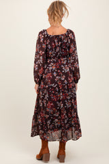 Brown Floral V-Neck Bubble Sleeve Maternity Maxi Dress