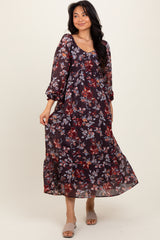 Brown Floral V-Neck Bubble Sleeve Maxi Dress