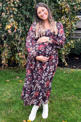 Brown Floral V-Neck Bubble Sleeve Maternity Maxi Dress