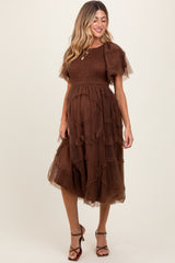 Mocha Smocked Ruffled Mesh Maternity Midi Dress