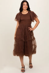 Mocha Smocked Ruffled Mesh Maternity Midi Dress