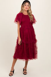 Burgundy Smocked Ruffled Mesh Maternity Midi Dress