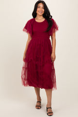 Burgundy Smocked Ruffled Mesh Midi Dress