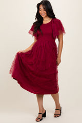 Burgundy Smocked Ruffled Mesh Midi Dress