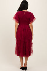 Burgundy Smocked Ruffled Mesh Midi Dress