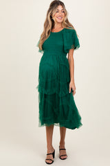 Hunter Green Smocked Ruffled Mesh Maternity Midi Dress