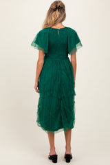 Hunter Green Smocked Ruffled Mesh Maternity Midi Dress