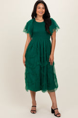 Hunter Green Smocked Ruffled Mesh Maternity Midi Dress