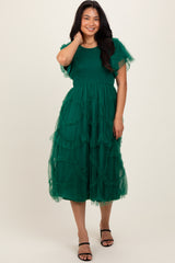 Hunter Green Smocked Ruffled Mesh Midi Dress