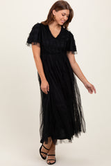 Black Ruffle Accent Mesh Overlay Maxi Dress