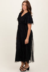 Black Ruffle Accent Mesh Overlay Maxi Dress