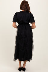 Black Ruffle Accent Mesh Overlay Maxi Dress