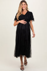 Black Ruffle Accent Mesh Overlay Maternity Maxi Dress