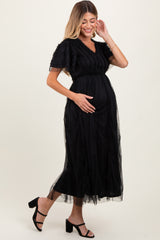 Black Ruffle Accent Mesh Overlay Maternity Maxi Dress