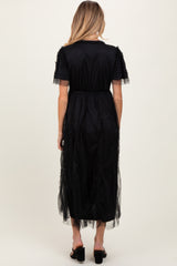 Black Ruffle Accent Mesh Overlay Maternity Maxi Dress