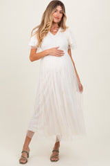 Cream Ruffle Accent Mesh Overlay Maternity Maxi Dress