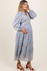 Light Blue Floral Lace Trim Maternity Maxi Dress